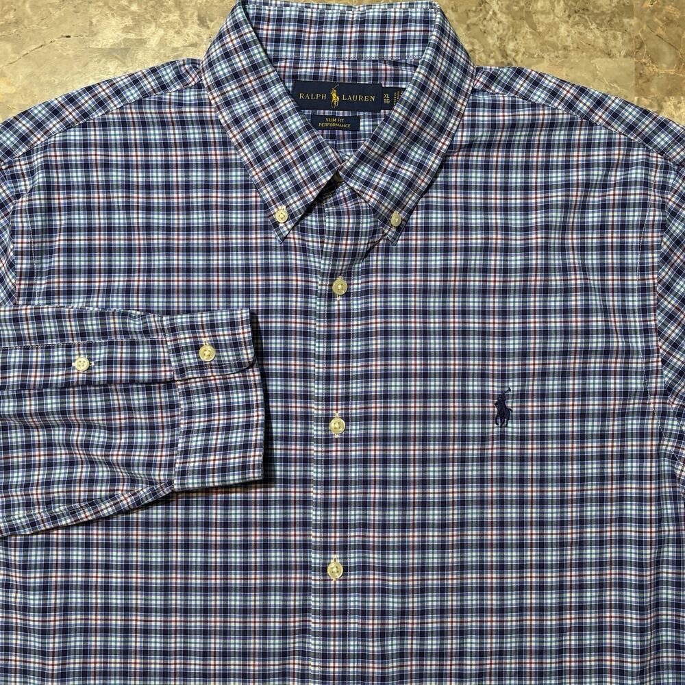 Polo Ralph Lauren Shirt Mens XL Slim Blue Performance Check Nylon Woven